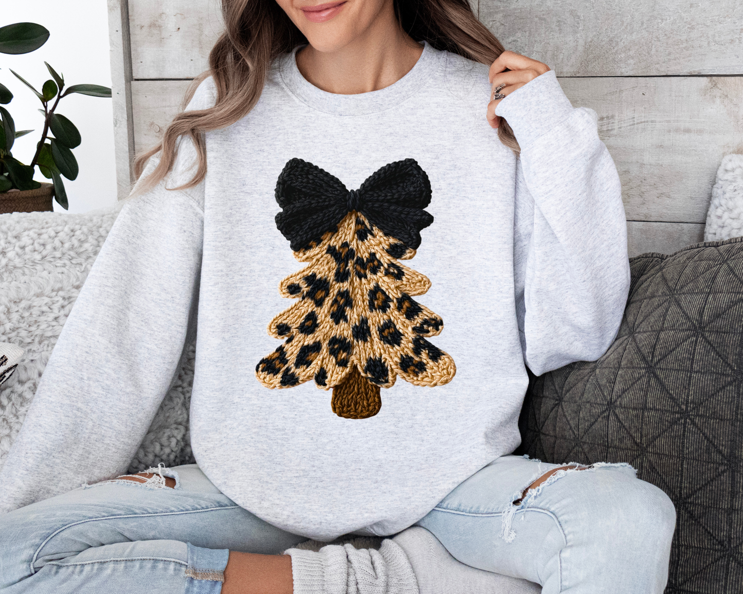 Faux Yarn Leopard Tree Christmas Sweatshirt