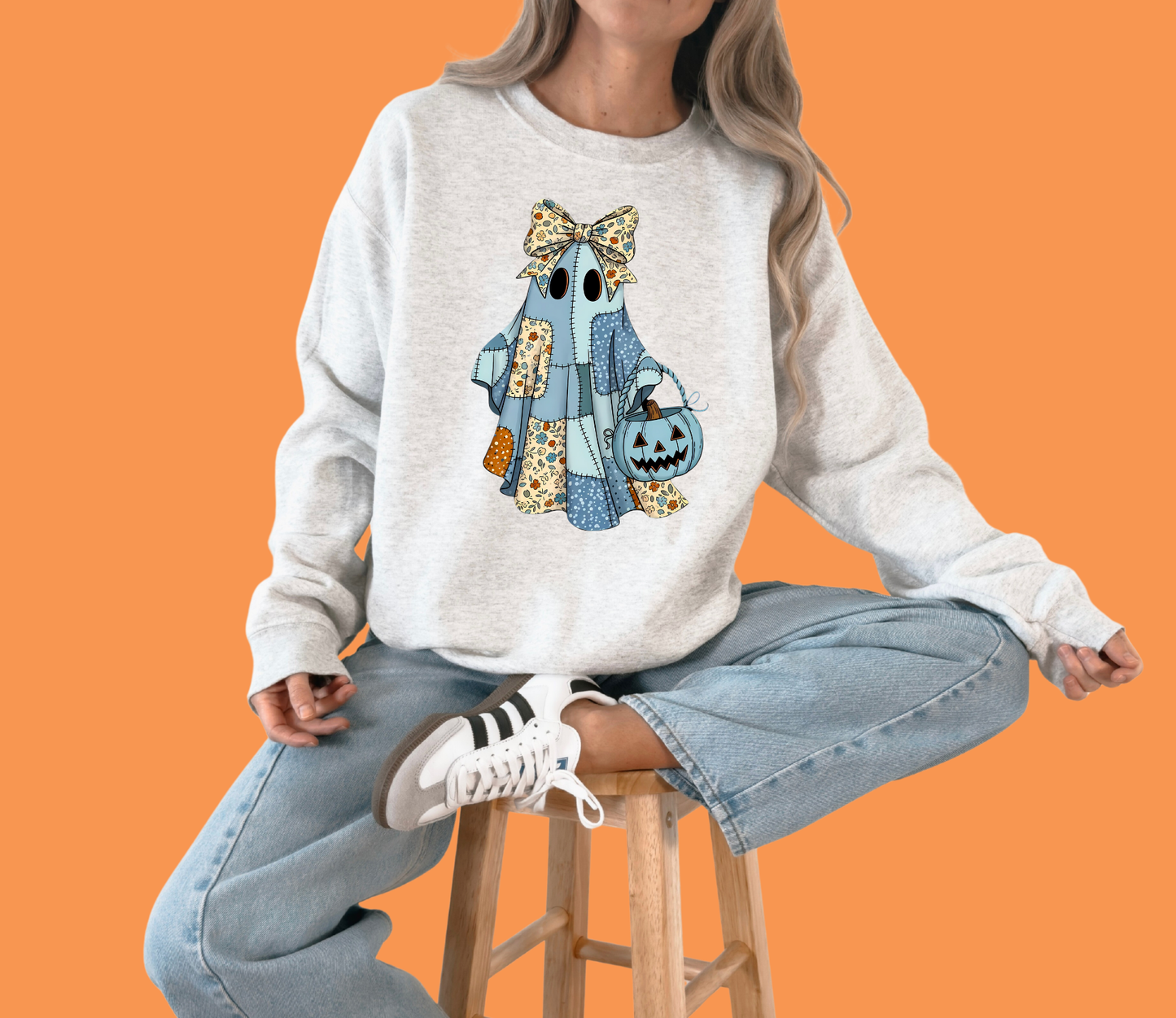 Patchwork Ghost Halloween Crewneck Sweatshirt